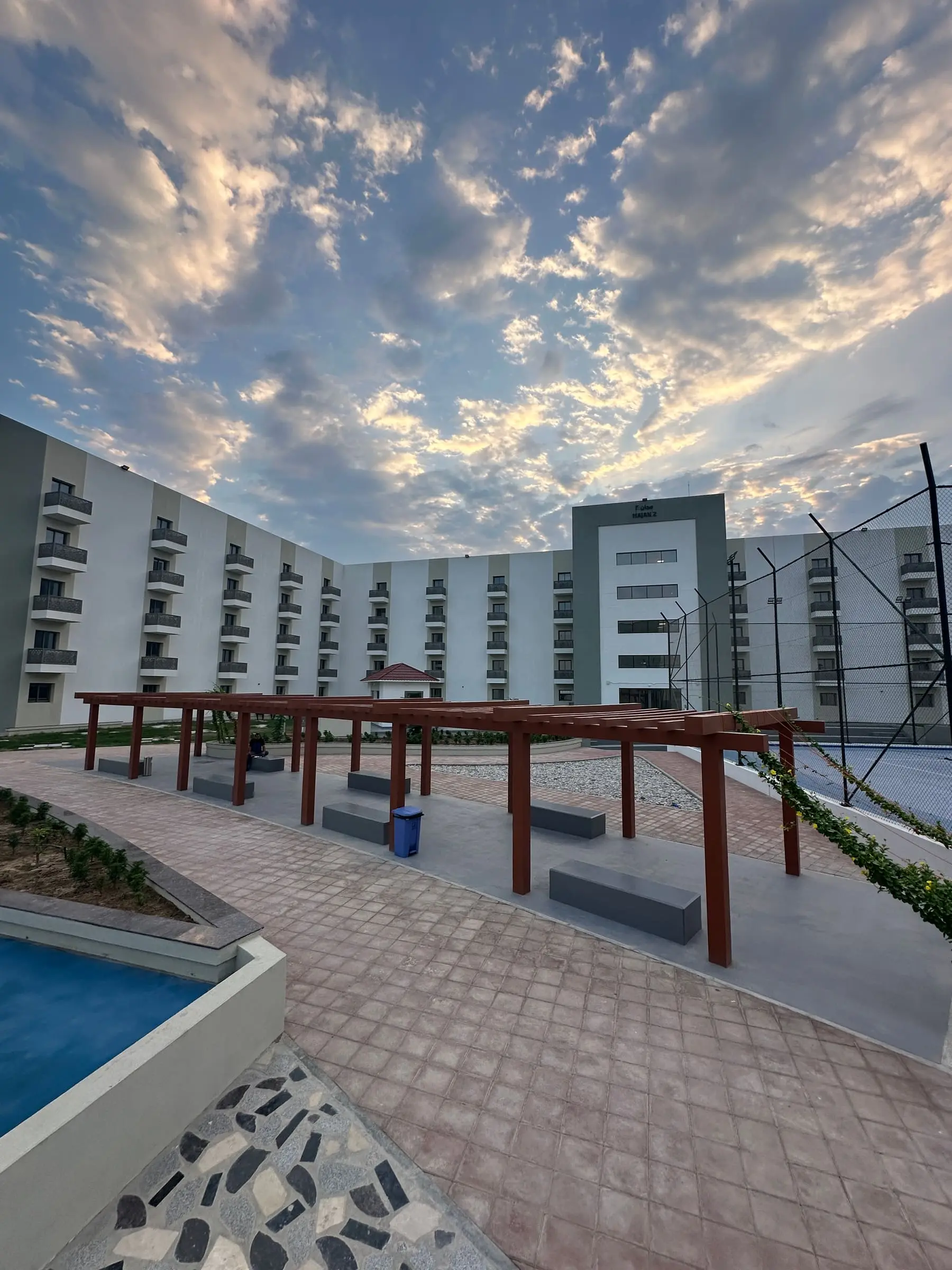 Pergola and seating in the landscaped courtyard