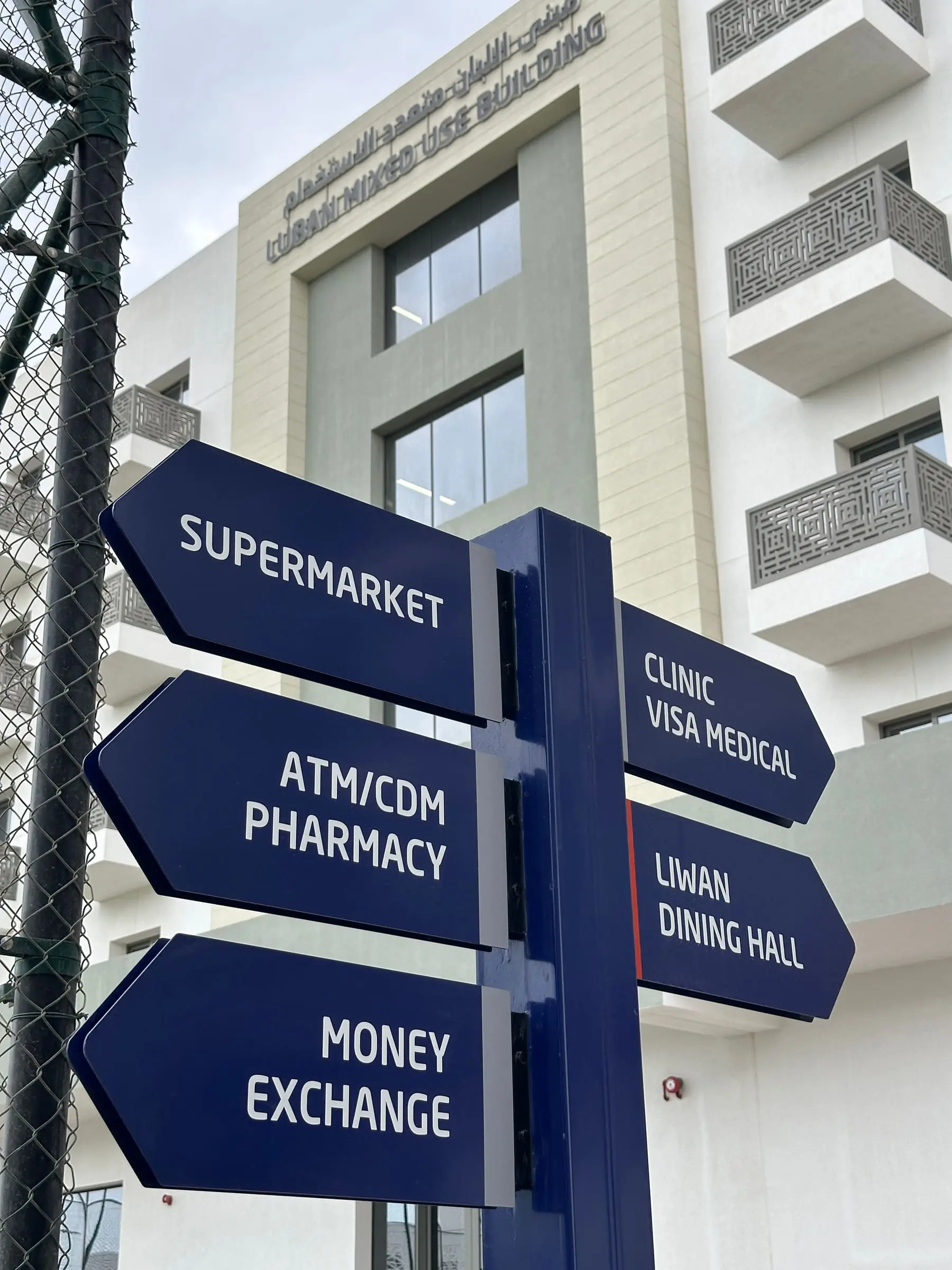 Signposts to the supermarket, ATM, pharmacy, clinic and dining hall